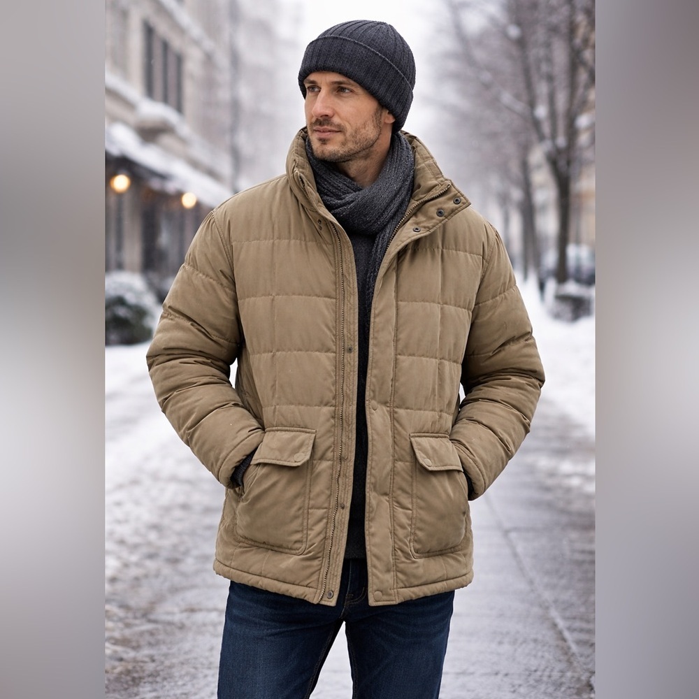 CLAIBORNE Men’s Luxury Duck Down Taupe Quilted Jacket Sz XL